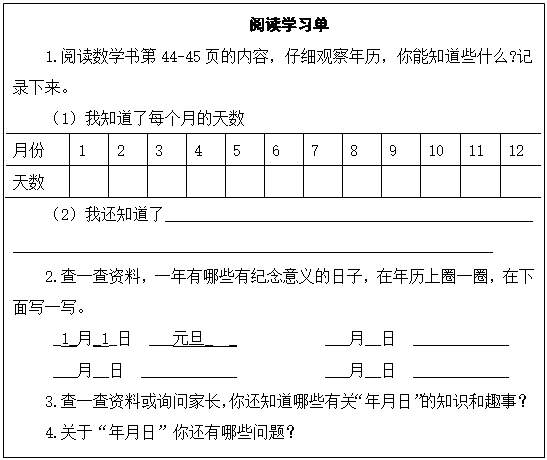 文本框: 阅读学习单
      1.阅读数学书第44-45页的内容，仔细观察年历，你能知道些什么?记录下来。
      （1）我知道了每个月的天数
      月份	1	2	3	4	5	6	7	8	9	10	11	12
      天数
      （2）我还知道了______________________________________________
      ____________________________________________________________
      2.查一查资料，一年有哪些有纪念意义的日子，在年历上圈一圈，在下面写一写。
      _1_月_1_日 ___元旦_ _ ___月__日 ____________
      ___月__日 ____________ ___月__日 ____________
      3.查一查资料或询问家长，你还知道哪些有关“年月日”的知识和趣事？
      4.关于“年月日”你还有哪些问题？
      