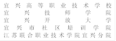宜兴高等职业技术学校
宜兴技师学院
宜兴开放大学
宜兴市社区培训学院
江苏联合职业技术学院宜兴分院

