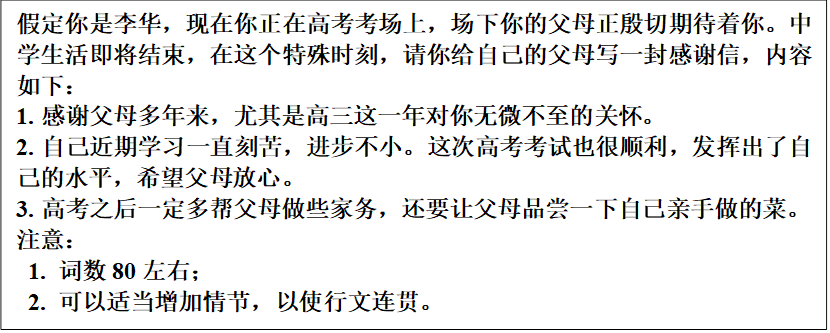 假定你是李华，现在你正在高考考场上，场下你的父母正殷切期待着你。中学生活即将结束，在这个特殊时刻，请你给自己的父母写一封感谢信，内容如下：
1. 感谢父母多年来，尤其是高三这一年对你无微不至的关怀。
2. 自己近期学习一直刻苦，进步不小。这次高考考试也很顺利，发挥出了自己的水平，希望父母放心。
3. 高考之后一定多帮父母做些家务，还要让父母品尝一下自己亲手做的菜。
注意：
1. 词数80左右；
2. 可以适当增加情节，以使行文连贯。
