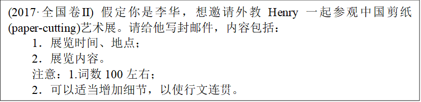 (2017·全国卷Ⅱ) 假定你是李华，想邀请外教Henry一起参观中国剪纸(paper­cutting)艺术展。请给他写封邮件，内容包括：
1．展览时间、地点；
2．展览内容。
注意：1.词数100左右；
2．可以适当增加细节，以使行文连贯。
