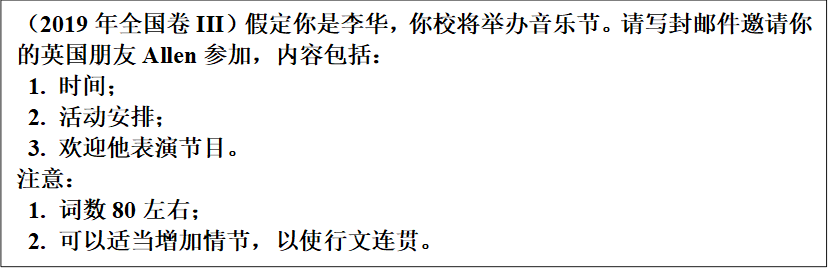 （2019年全国卷III）假定你是李华，你校将举办音乐节。请写封邮件邀请你的英国朋友Allen参加，内容包括：
1. 时间；
2. 活动安排；
3. 欢迎他表演节目。
注意：
1. 词数80左右；
2. 可以适当增加情节，以使行文连贯。
