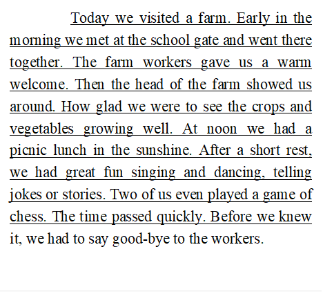Today we visited a farm. Early in the morning we met at the school gate and went there together. The farm workers gave us a warm welcome. Then the head of the farm showed us around. How glad we were to see the crops and vegetables growing well. At noon we had a picnic lunch in the sunshine. After a short rest, we had great fun singing and dancing, telling jokes or stories. Two of us even played a game of chess. The time passed quickly. Before we knew it, we had to say good-bye to the workers.